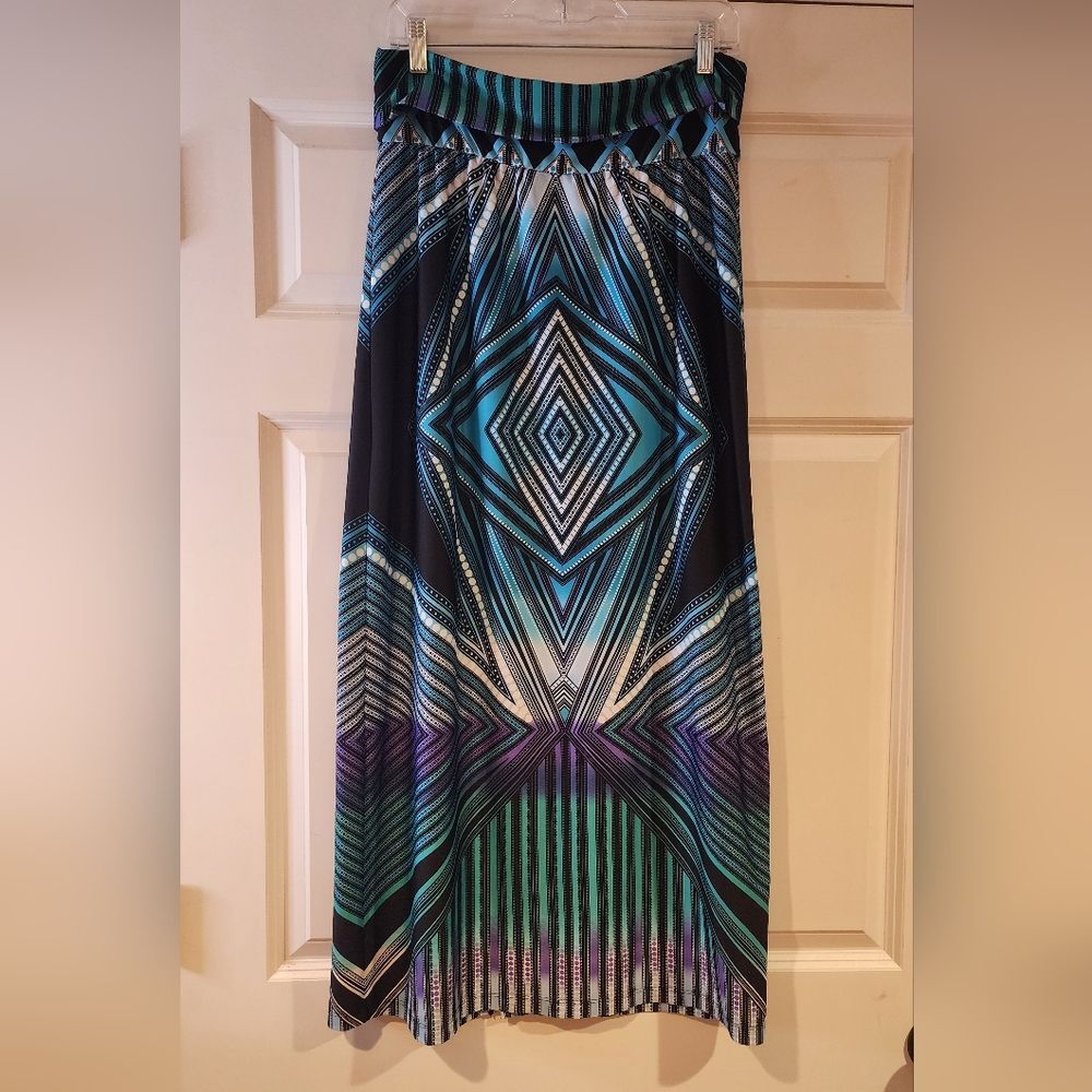Valerie Stevens stretchy colorful geometric foldover pull on maxi skirt S